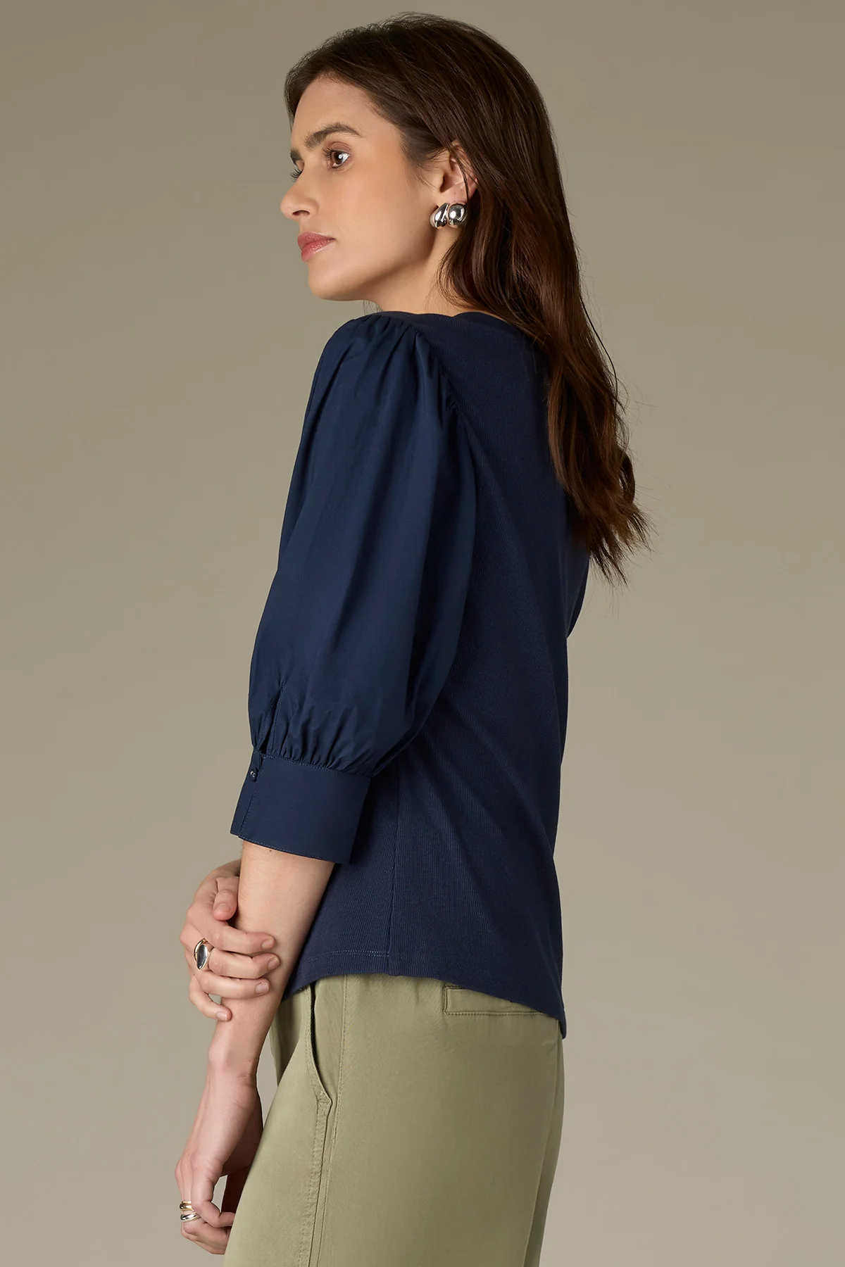 Three Quarter Puff Sleeve Half V-Placket Mixed Media Knit Top - Image 6