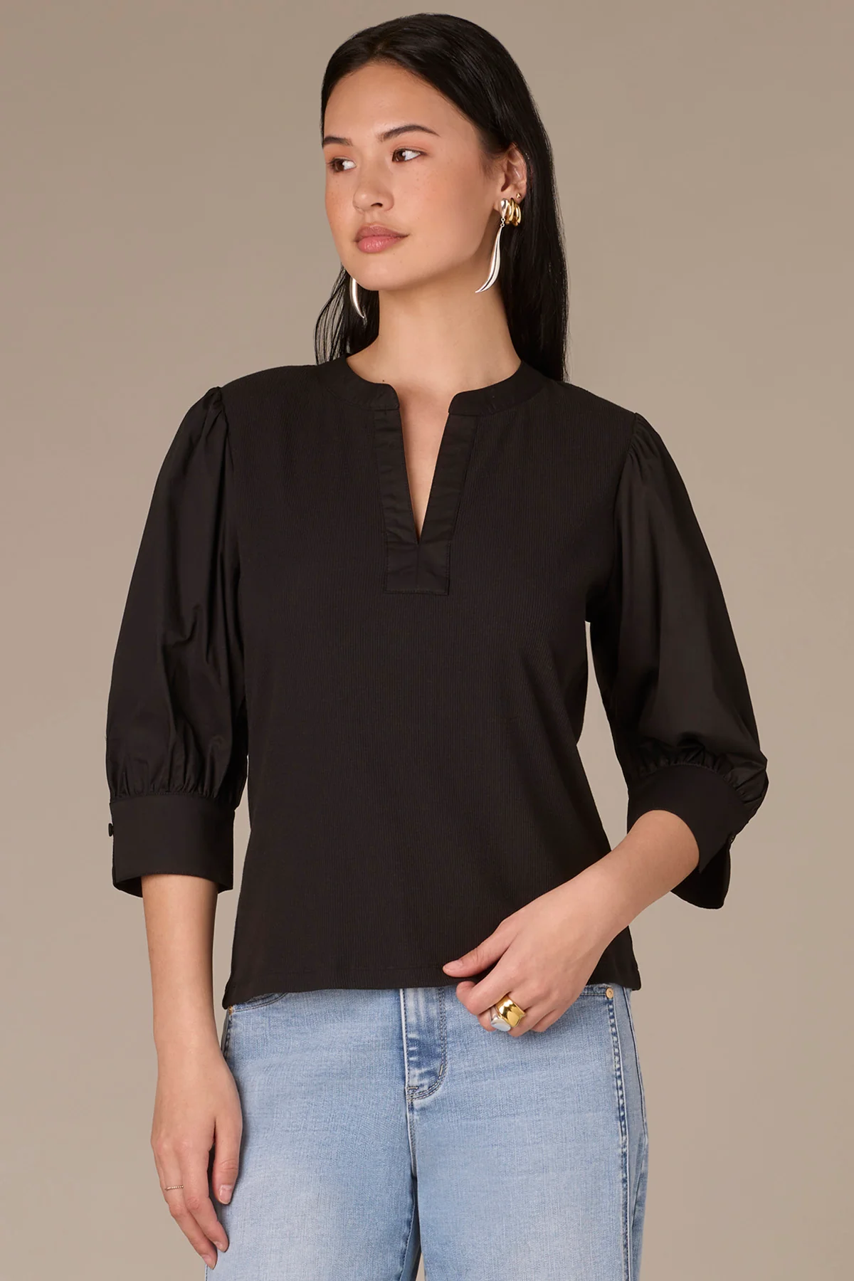 Three Quarter Puff Sleeve Half V-Placket Mixed Media Knit Top - Image 9