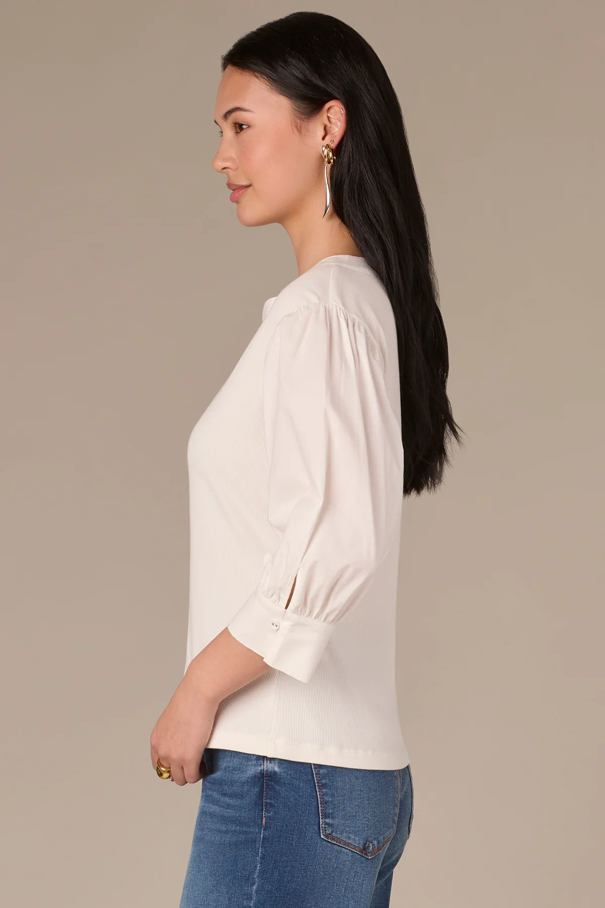 Three Quarter Puff Sleeve V-Placket Mixed Media Plus Size Knit Top - Image 10