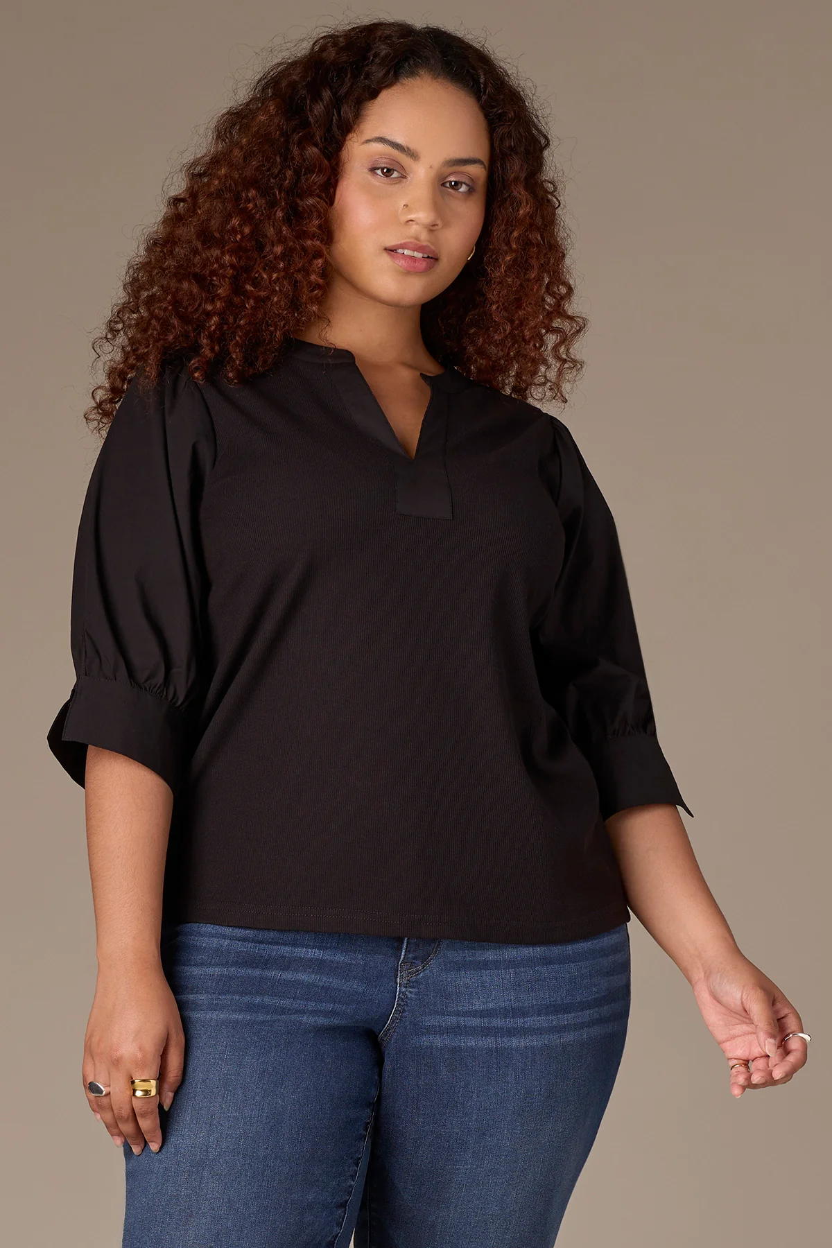 Three Quarter Puff Sleeve V-Placket Mixed Media Plus Size Knit Top - Image 5