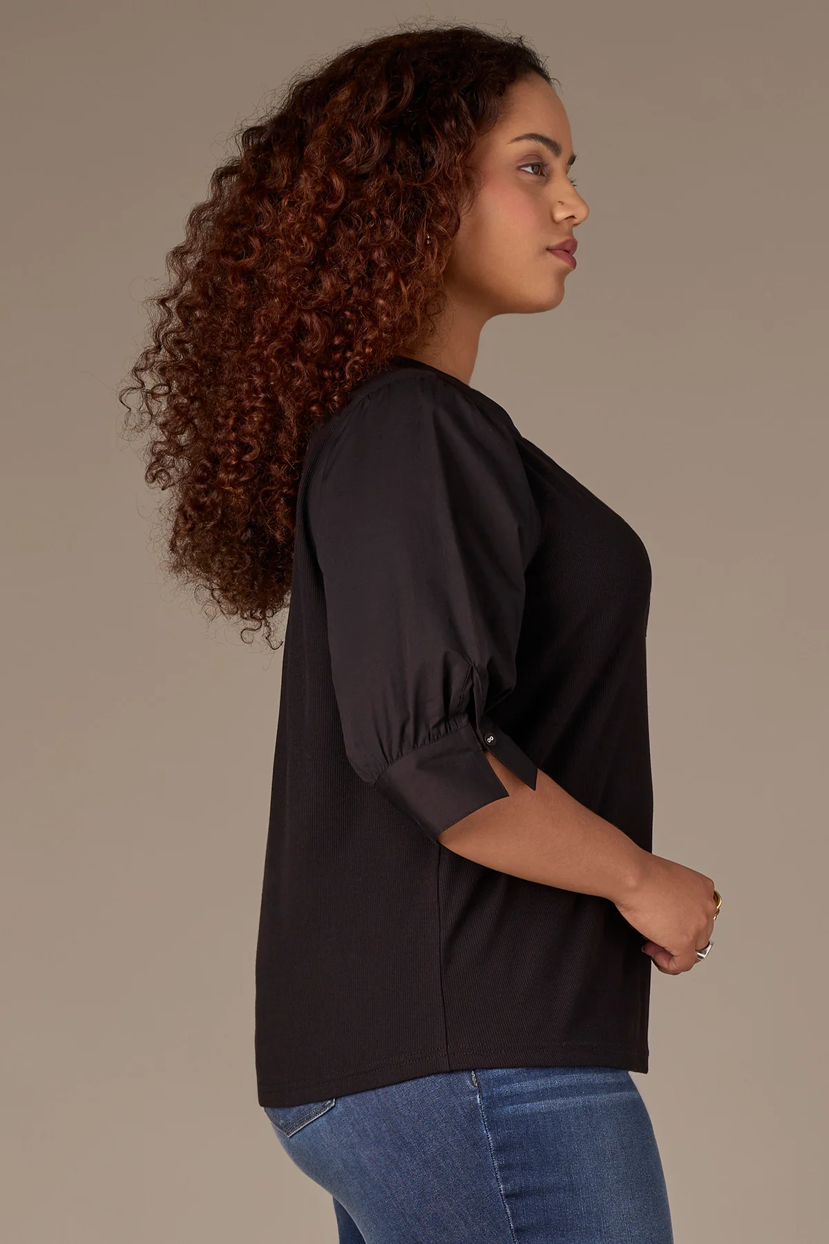 Three Quarter Puff Sleeve V-Placket Mixed Media Plus Size Knit Top - Image 6