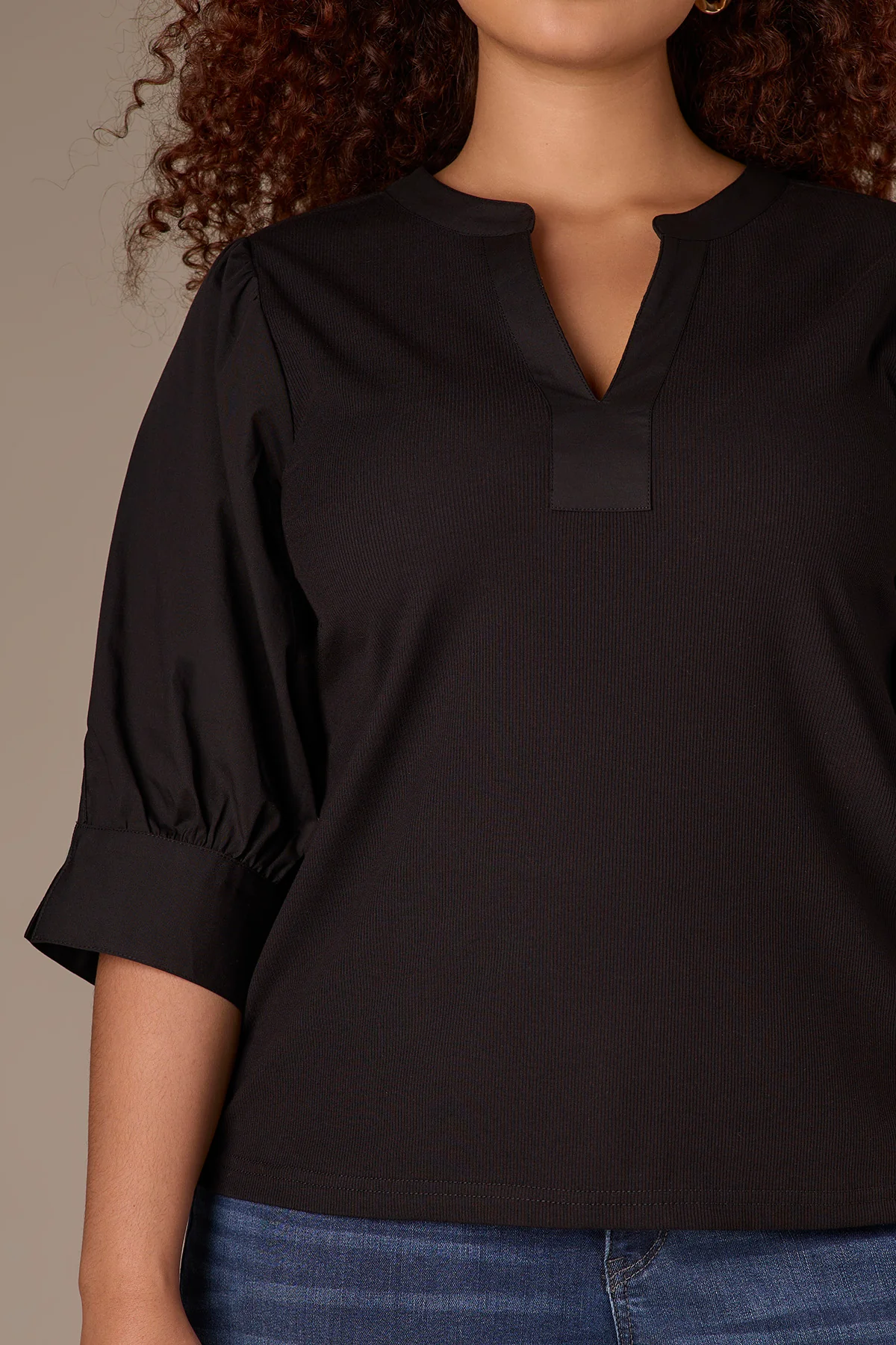 Three Quarter Puff Sleeve V-Placket Mixed Media Plus Size Knit Top - Image 8