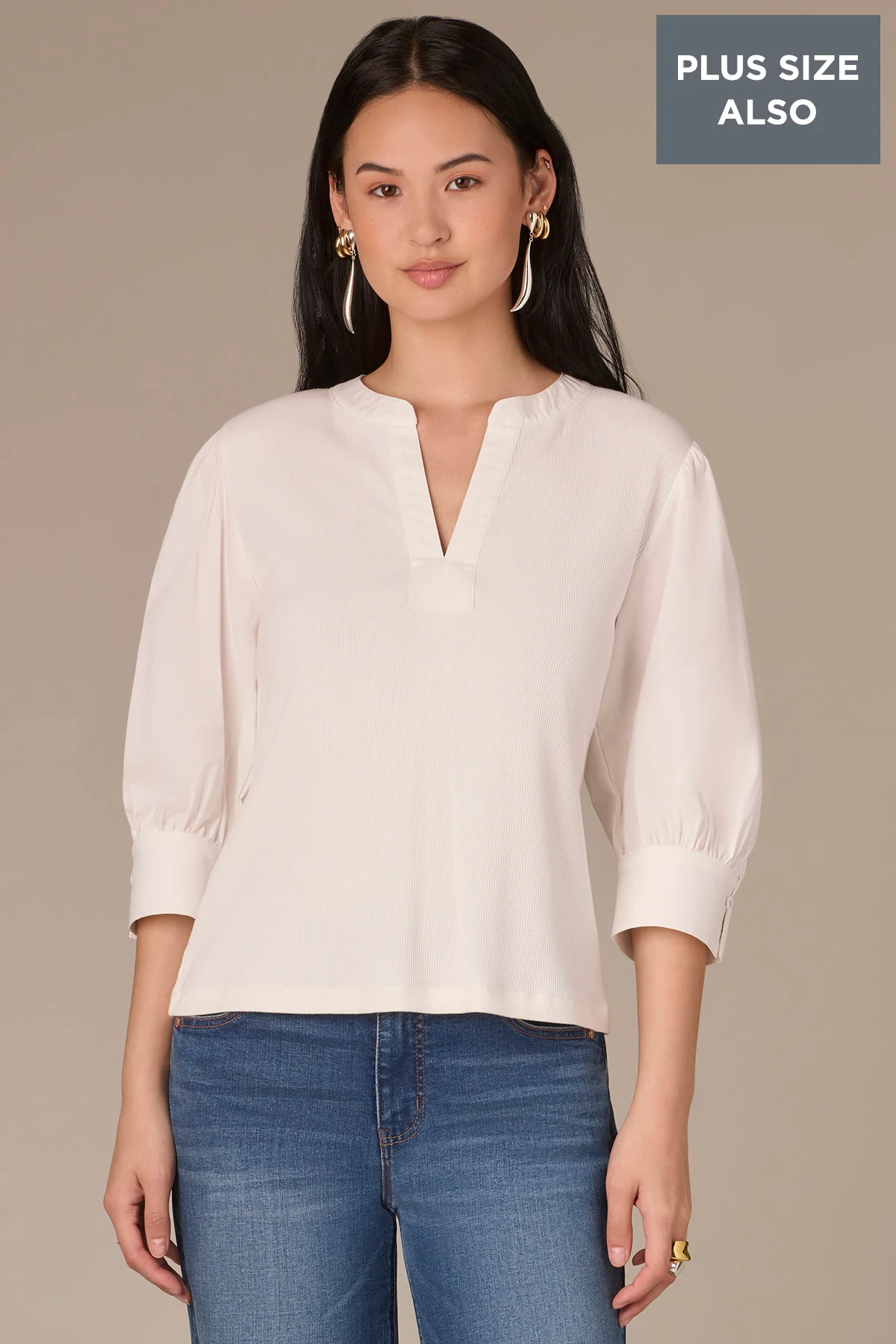 Three Quarter Puff Sleeve V-Placket Mixed Media Plus Size Knit Top - Image 9