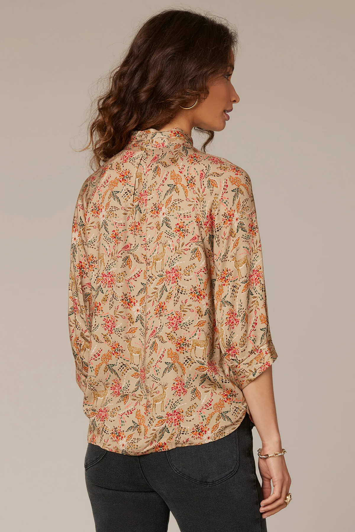 Three Quarter Sleeve Stand Collar Printed Woven Top - Image 3