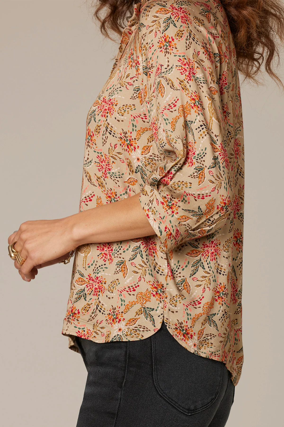 Three Quarter Sleeve Stand Collar Printed Woven Top - Image 4